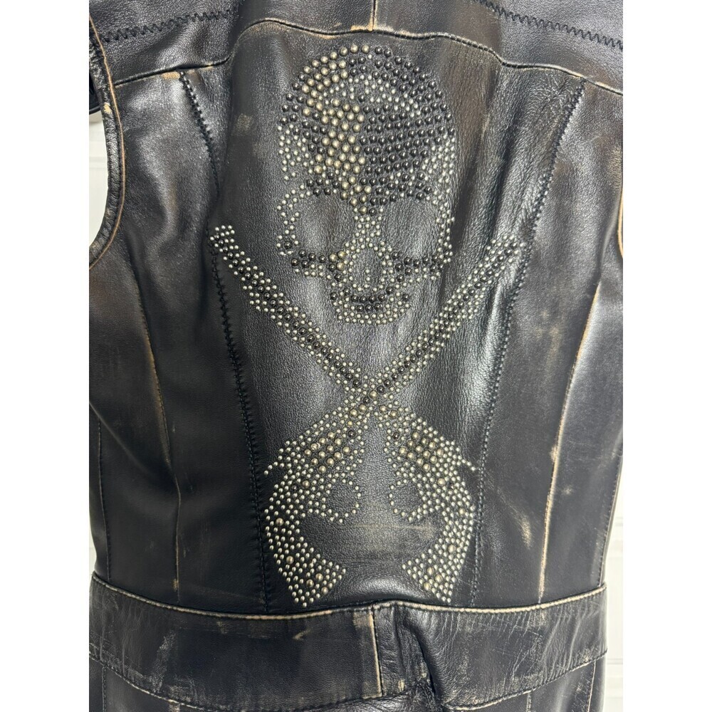 Donald J Pliner Women's XS Black Leather Studded Skull Moto Vest Made Italy - Picture 6 of 13
